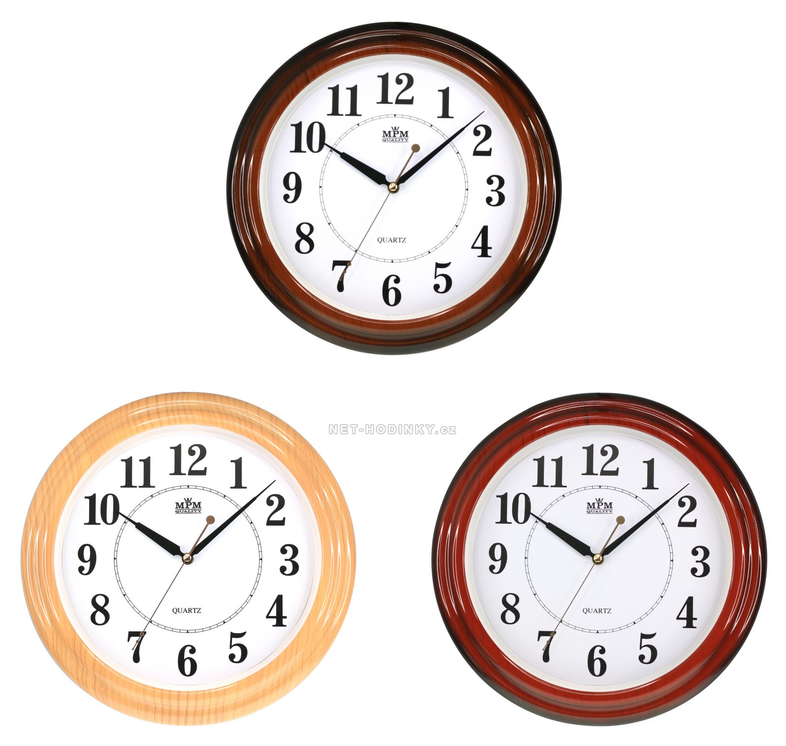 Nástěnné plastové hodiny kulatého tvaru s dřevo dekorem E01.2926 E01.2926