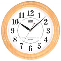 Nástěnné plastové hodiny kulatého tvaru s dřevo dekorem E01.2926