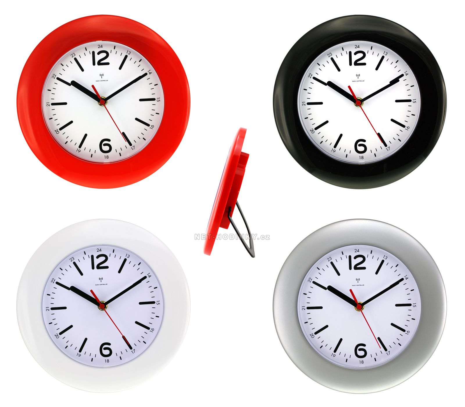 Rádiem řízené plastové hodiny do kanceláře, pracovny, kuchyně černá, červená, stříbrná a bílá