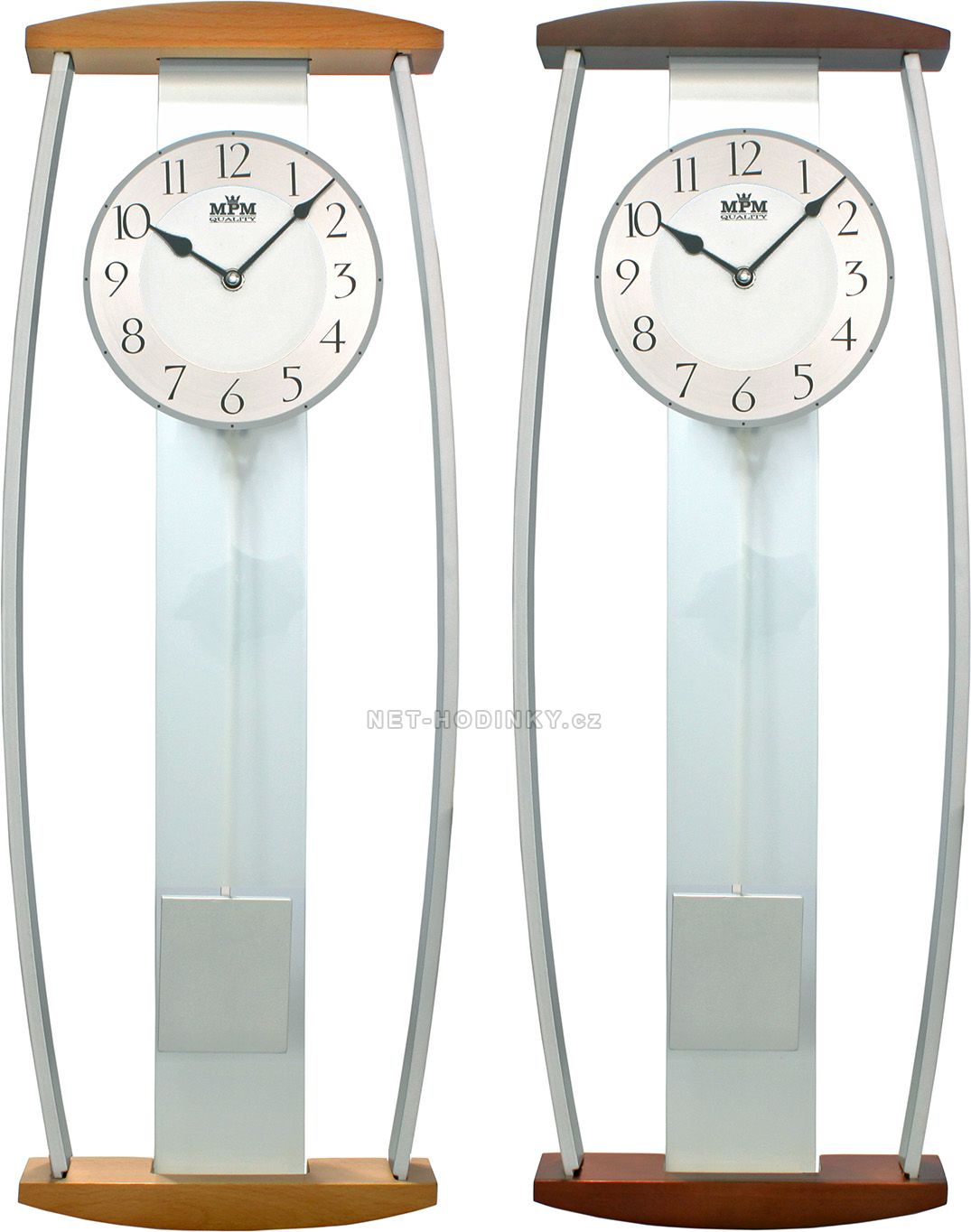 Moderní nástěnné hodiny s kyvadlem, s prvky dřeva a skla E07.3052