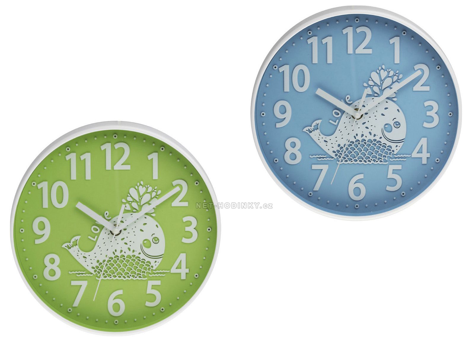 Decentní nástěnné hodiny pro děti s velrybou v zelené i modré barvě E01.3229 E01.3229