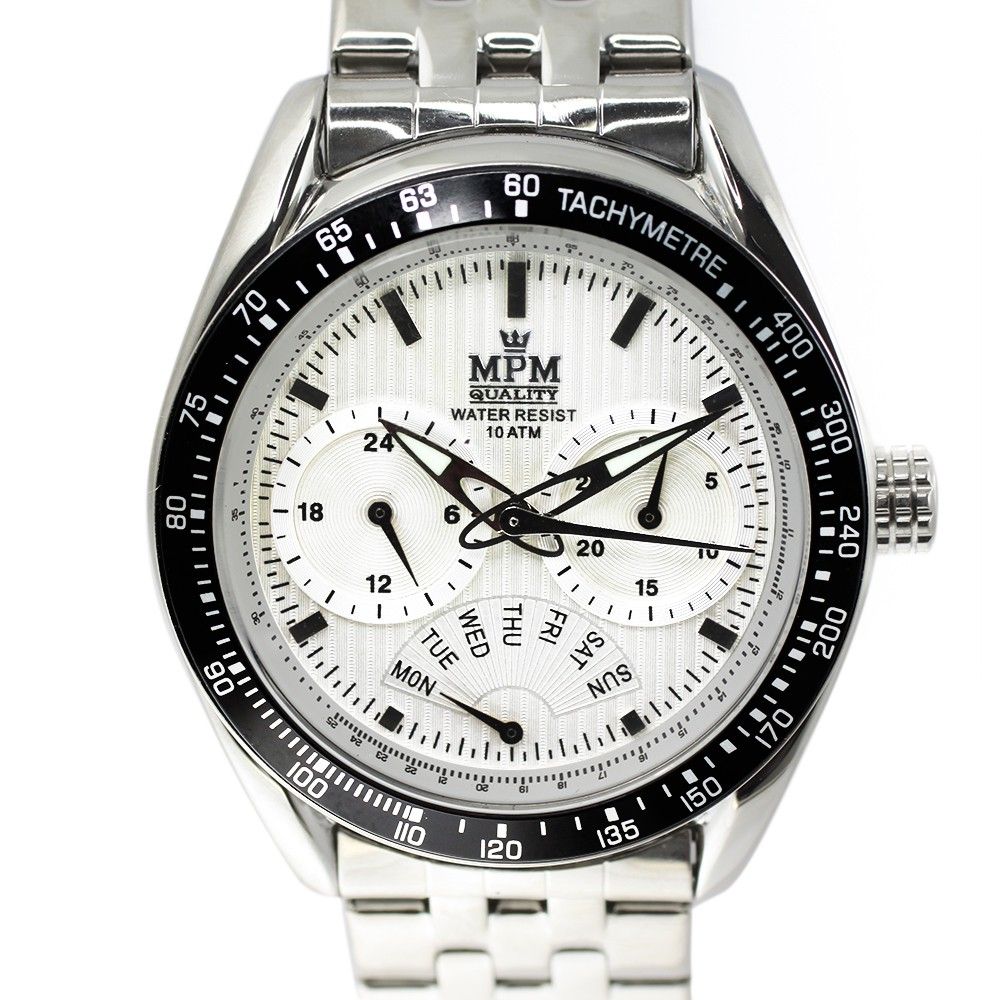 Elegantní pánské hodinky s chronografem, datem a bílým číselníkem v leštěném ocelovém provedení W01M.10432 W01M.10432.A