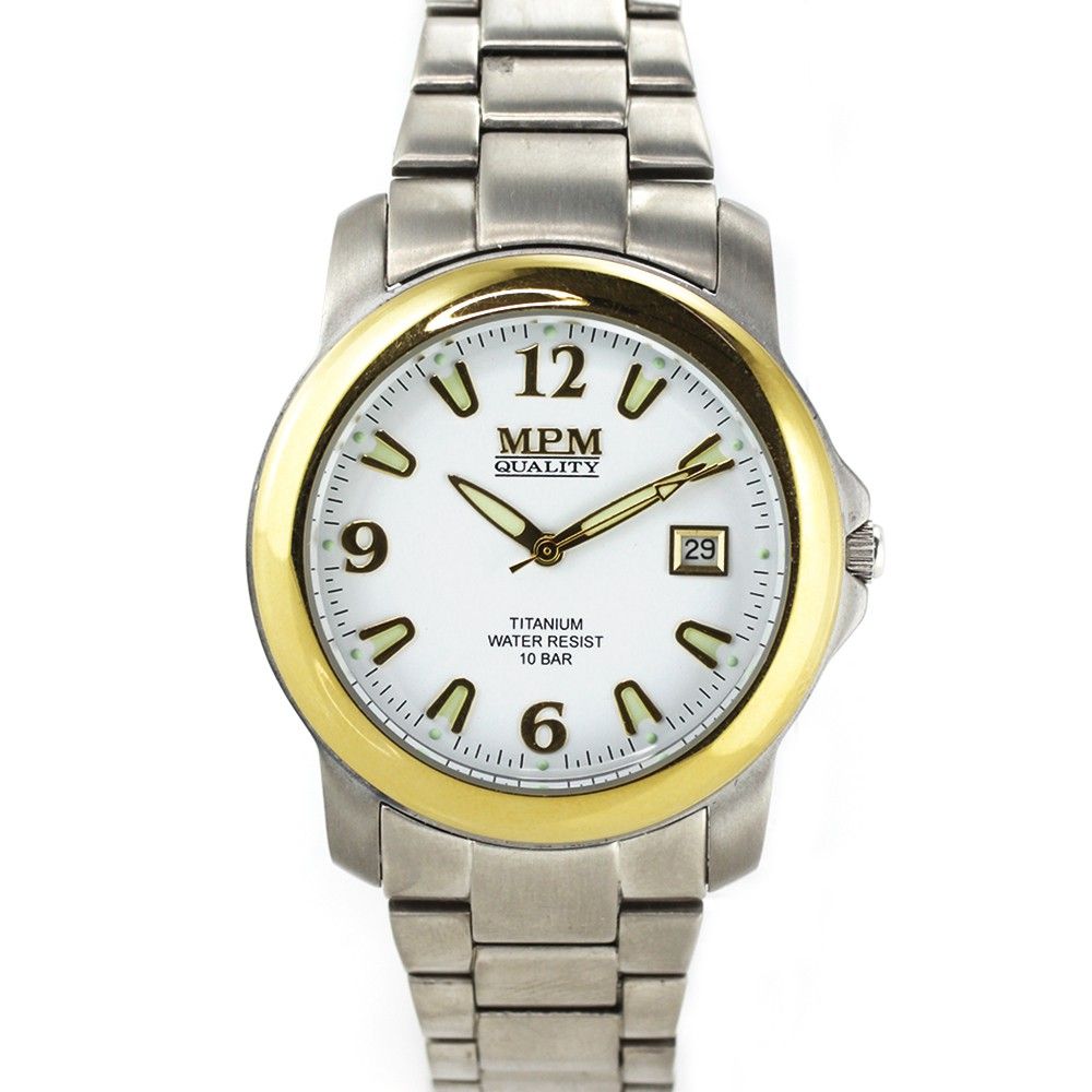 Pánské titanové hodinky s pozlaceným pouzdrem, pevným řemínkem a datumem W01M.10336