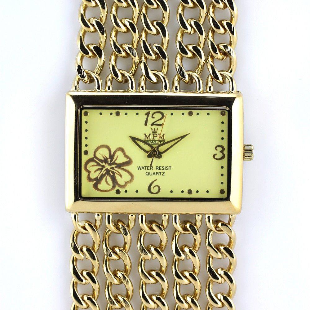 Dámské společenské hodinky na řemínku z řetízků. Číselník je zdobený květinkou W02M.10598 - W02M.10598.B