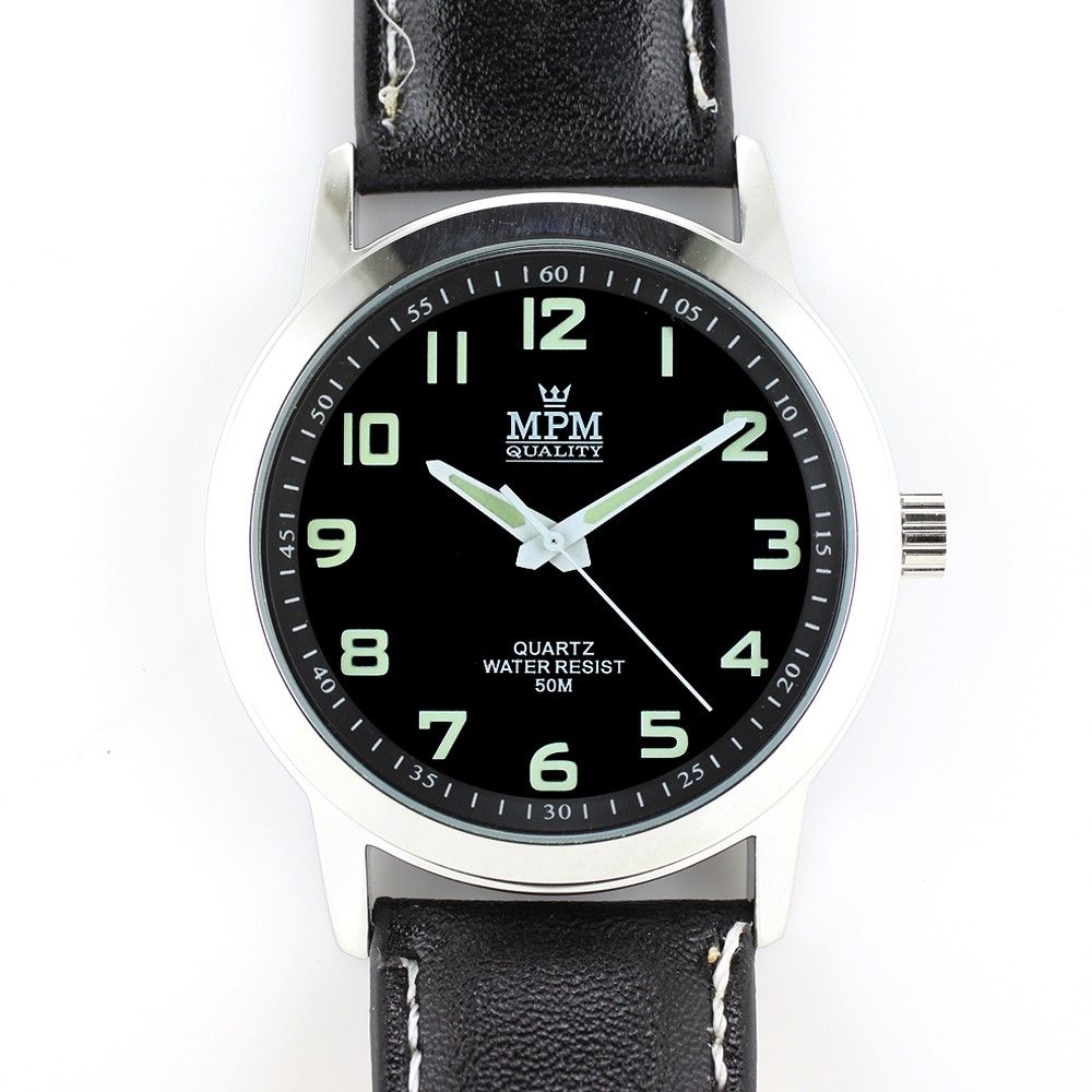 Klasické pánské hodinky na černém řemínku. Luminiscenční ručky W01M.10583 W01M.10583.A