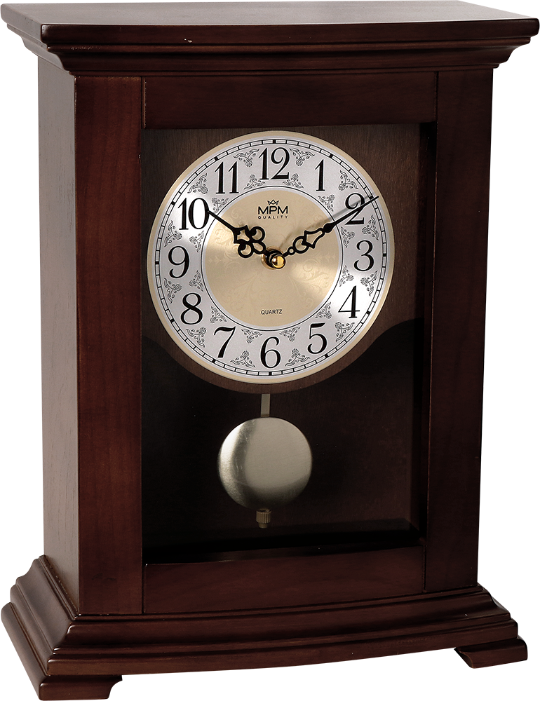 Dřevěné stolní hodiny se zdobeným, částečně pozlaceným, ciferníkem. Krásu hodin vhodně doplňují antické hodinové ručičky a v neposlední řadě nepřehlédnutelné pozlacené kyvadl PRIM E03.3889.54.A - B