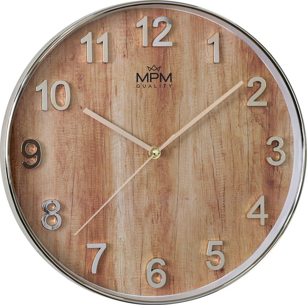 Nástěnné hodiny MPM Wood Style s motivem dřeva a výraznými arabskými číslicemi. E01.3898 MPM Wood Style - E01.3898