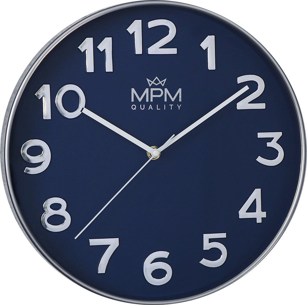 Velice elegantní model nástěnných hodin s čitelnými stříbrnými 3D číslicemi na tmavě modrém pozadí. Těmto hodinám dominují ručičky bílé barvy. Díky kvalitnímu quartzovému stroj MPM Silver Line