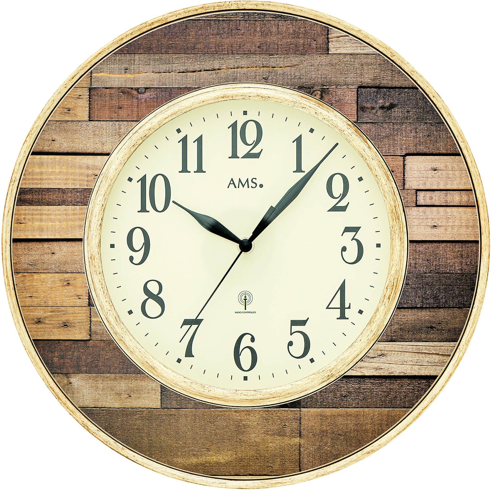 Designové nástěnné hodiny rádiem řízené kulaté ams 5965 vzor parkety dřevo