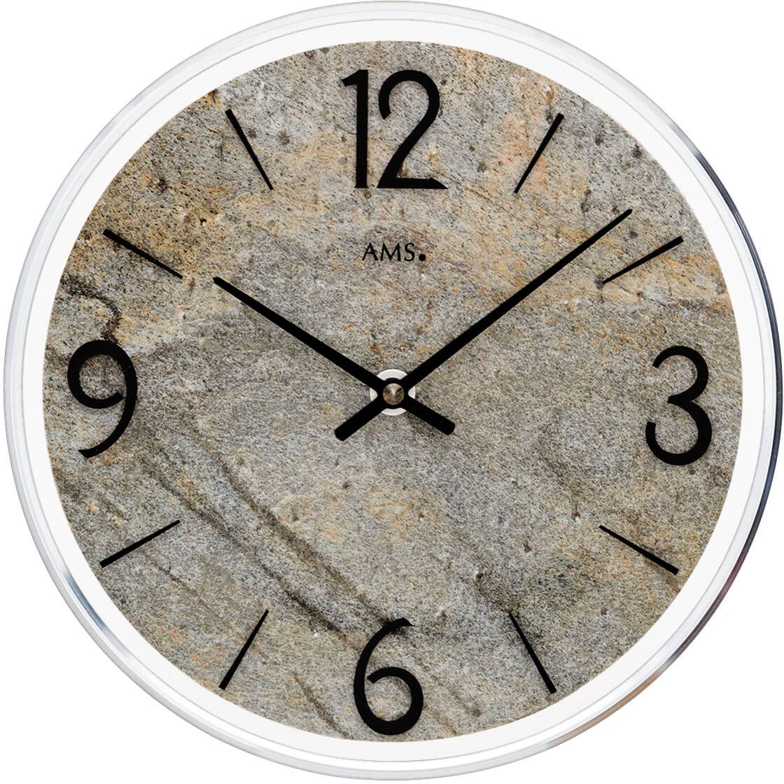 Nástěnné hodiny velké, kulaté ams 9633 přírodní kámen šedá