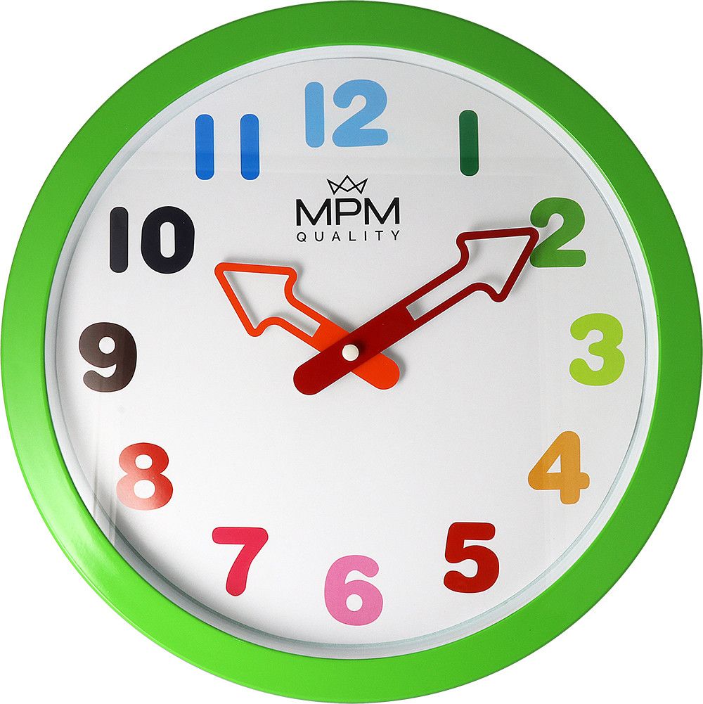 Dětské nástěnné hodiny MPM Arrow ve veselých pastelových barvách a s výraznými ručičkami ve tvaru barevných šipek. Hodiny jsou vyrobeny z plastového materiálu. Ručičky jsou od příp MPM Arrow - zelené