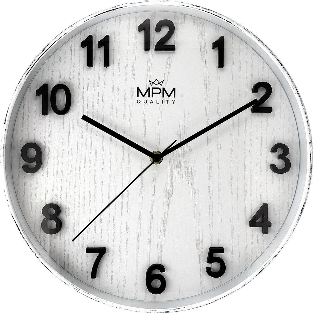 Nástěnné plastové hodiny PRIM Beta evokující vzhled starých ošoupaných hodin s číselníkem ve vzoru bílého dřeva E01.4051 Nástěnné hodiny MPM Beta