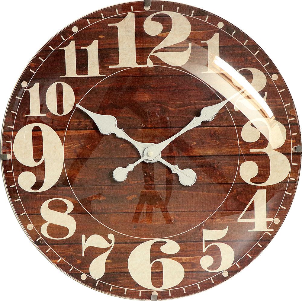 Dřevěné hodiny ve western stylu mají nepřehlédnutelné číslice. Dominatou hodin je vypouklé sklo, které jim dodává nádech luxusu E01.4058 E01.4058.50