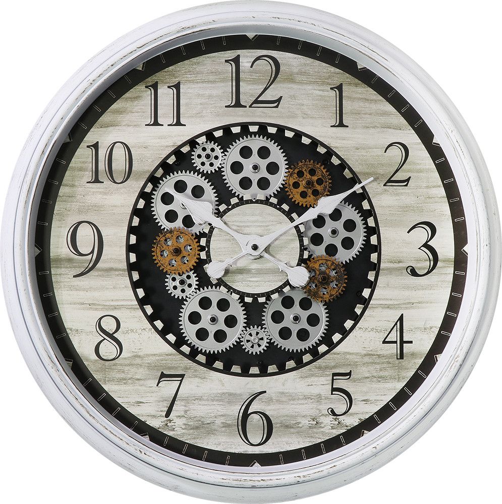 Plastové hodiny MPM Gears v retro stylu s motivem dřeva jsou originální především díky svému ozubenému soukolí, které se celé točí (video) E01.4057 MPM Gears - bílé
