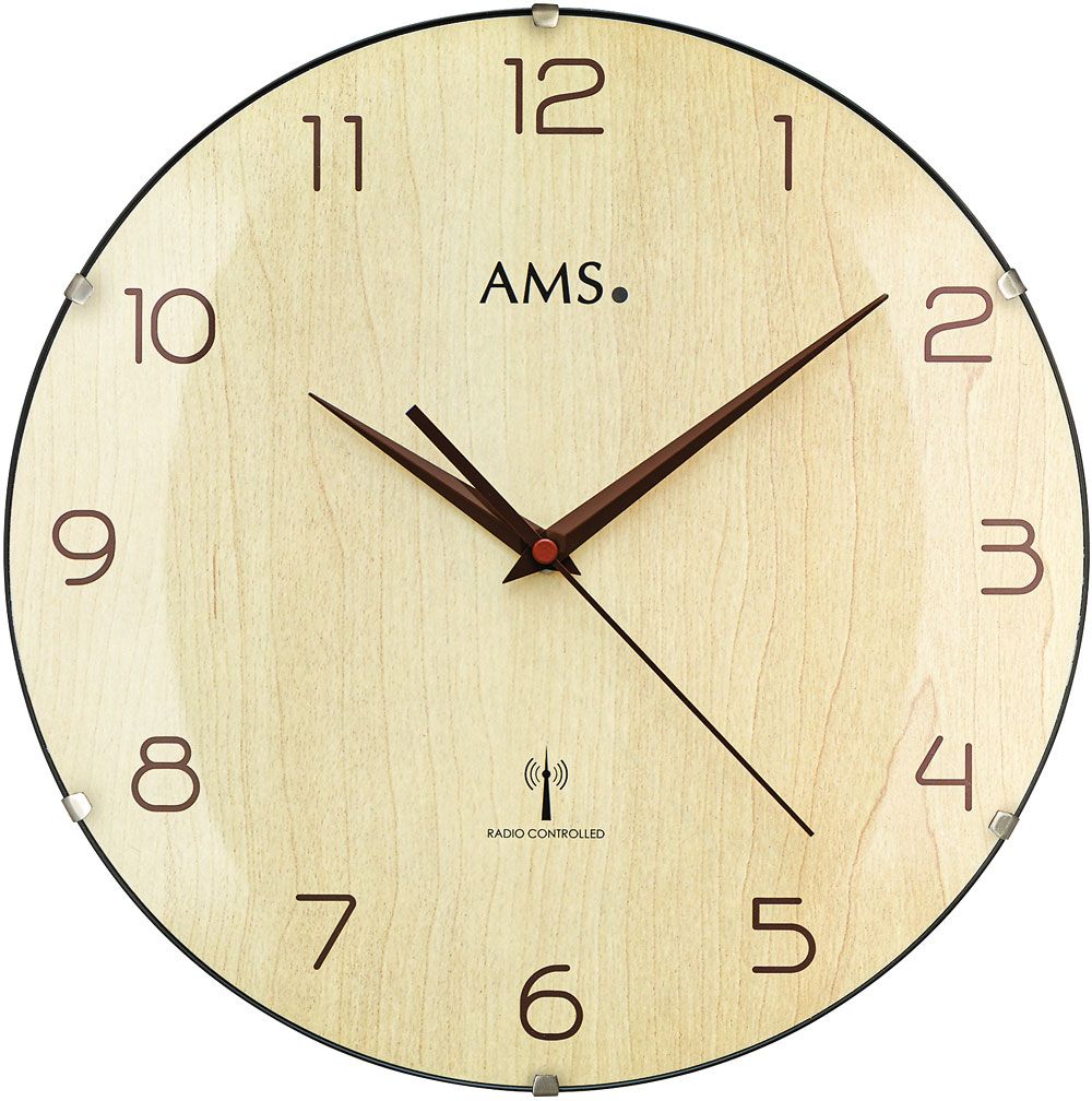 Designové hodiny skleněné kulaté světlá hnědá javor ams 5557