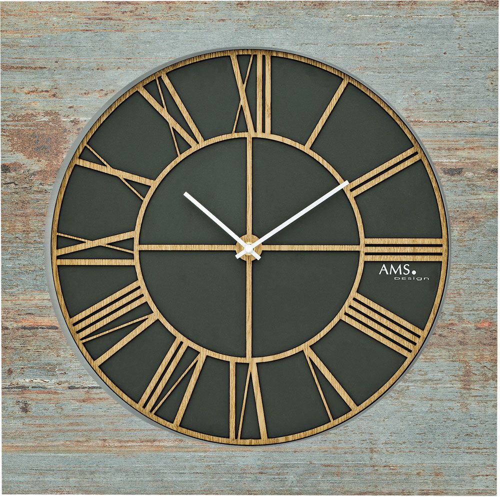 Designové hodiny quartzové hranaté dřevěné velké ams 9640 Německo šedá barva