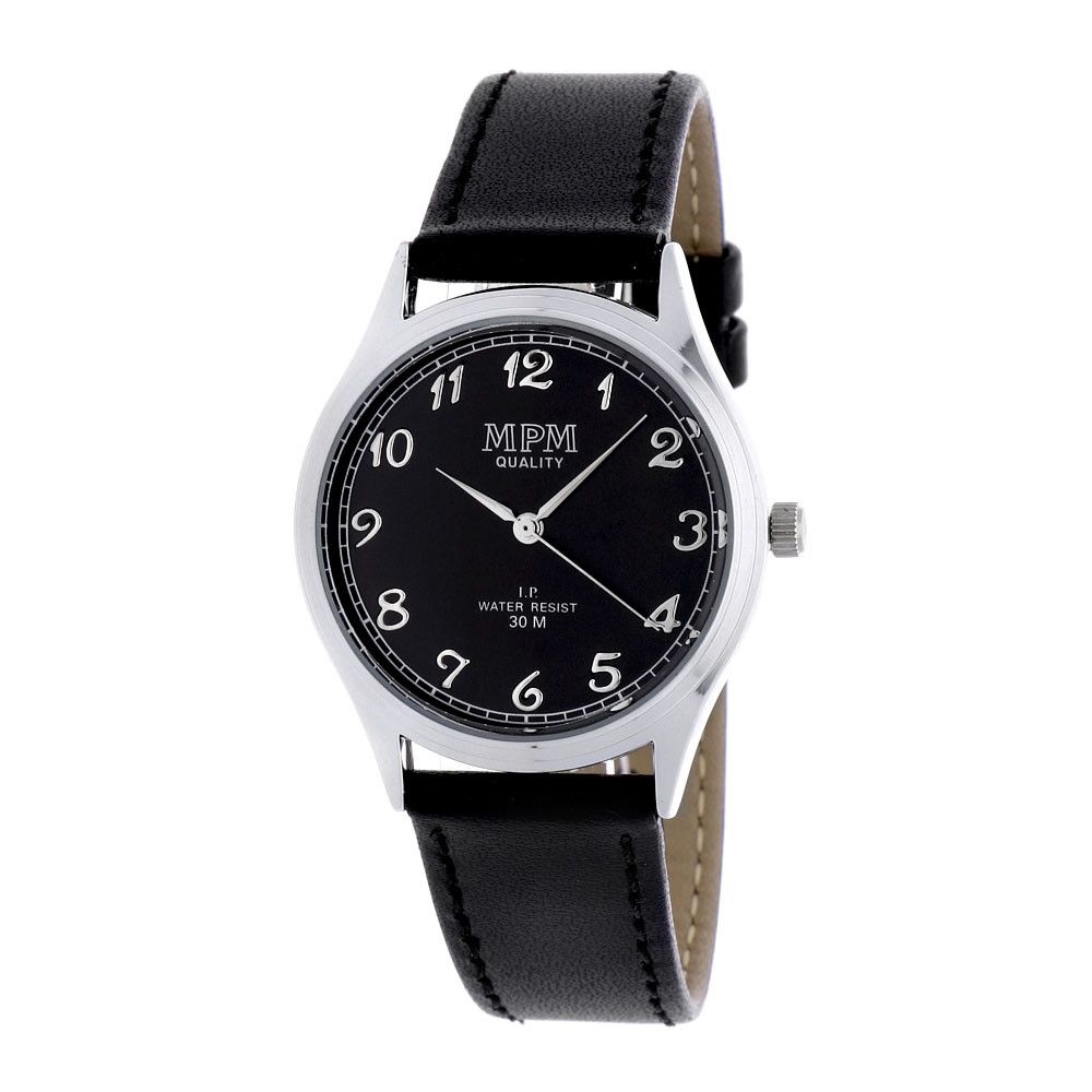 Dámské hodinky MPM v černo-stříbrném elegatním designu, vybaveny číslicemi s 3D efektem. Antialergické bez obsahu niklu. S voděodolností 3 ATM W02M.11302 W02M.11302.A