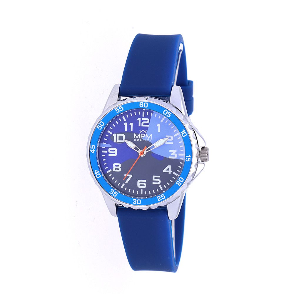 Dětské hodinky MPM s maskáčovým motivem, vybaveny minutovým číselníkem a pevným silikonovým řemínkem. Pouzdro hodinek v kvalitním provedení s víčkem z nerezové oceli a s voděodolnos