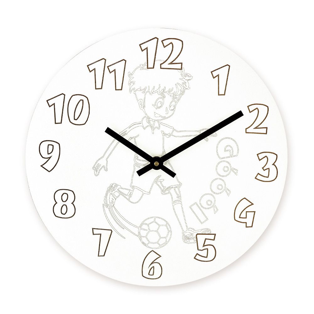 Originální dřevěné nástěnné hodiny MPM Ongre s dětskými motivy k DIY vybarvení. Voskovky jsou součástí balení. Pro vybarvení jsou také vhodné temperové barvy nebo lihové fixy (nejs - MPM Ongre - omalovánka