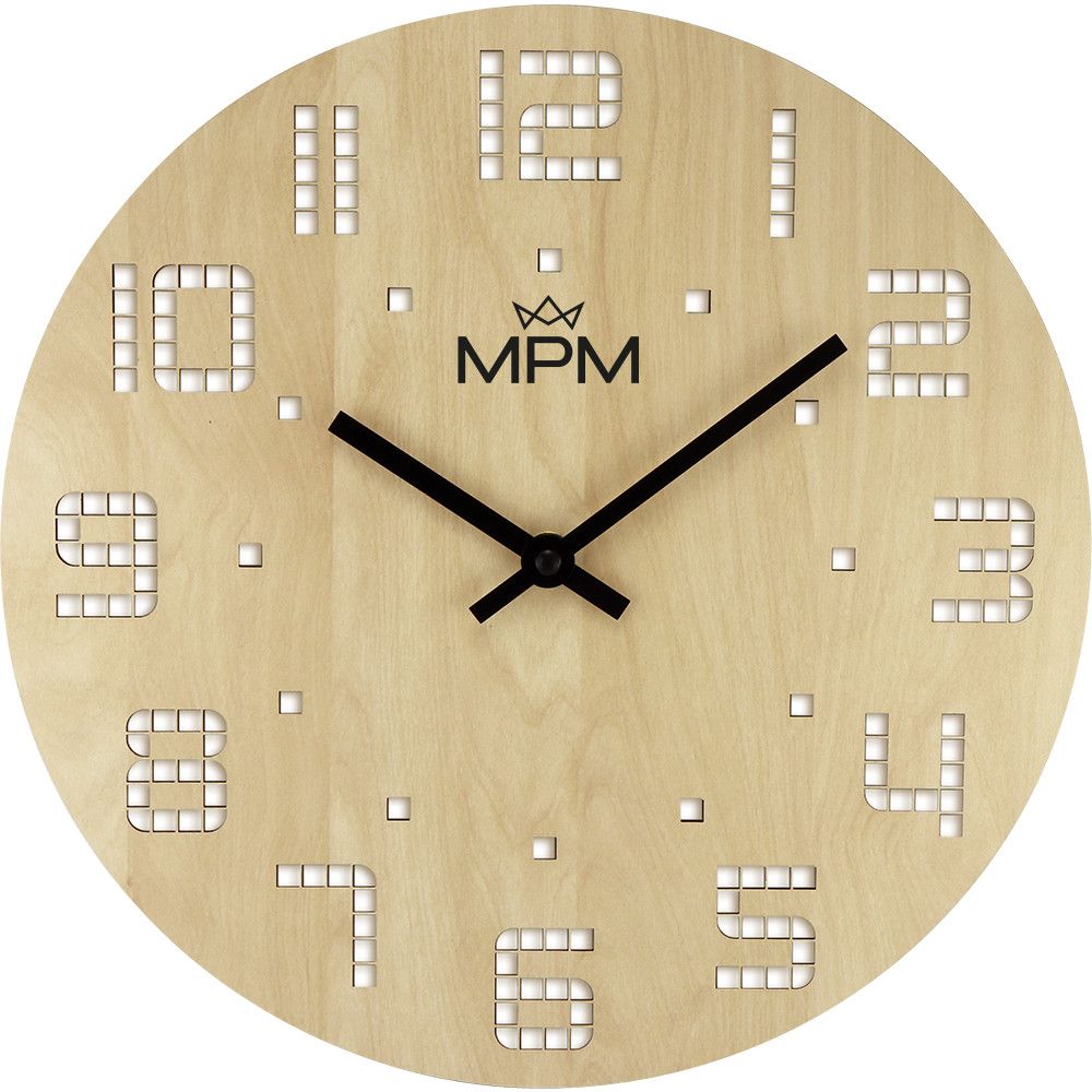 Nástěnné dřevěné hodiny MPM Pixel v přírodním designu se čtverečkovanými indexy a číslicemi. Strojek Quartz s funkcí plynulý chod. Hodiny jsou zpracované z polotvrdé dřevovláknité Nástěnné hodiny MPM Pixel - A