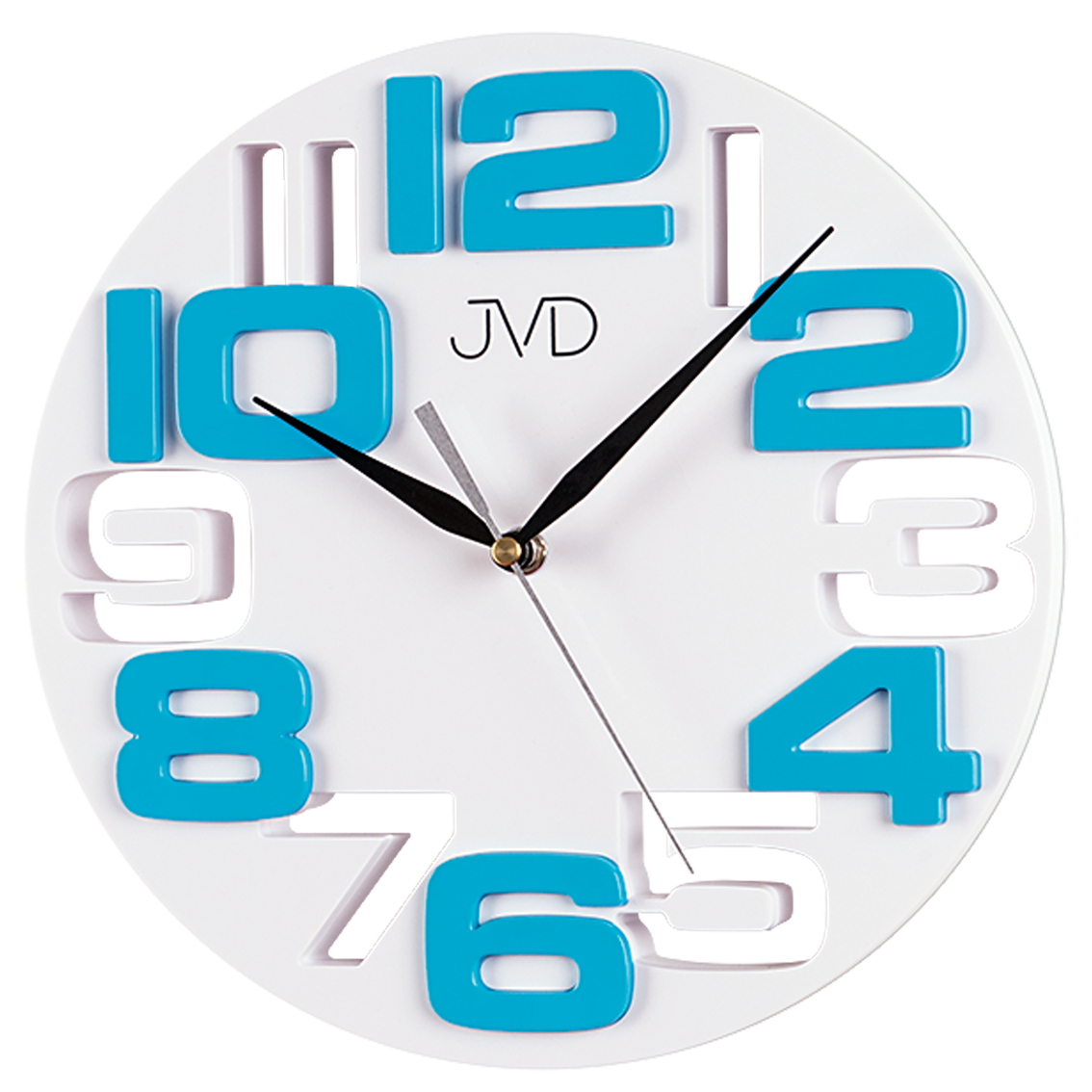 Pestrobarevné nástěnné hodiny s velkými číslicemi. Tyto hodiny jsou osobité výřezem číslic přímo do těla hodin, které doplňují naopak i vystouplé 3D číslice E01.3064 E01.3064 světlá modrá