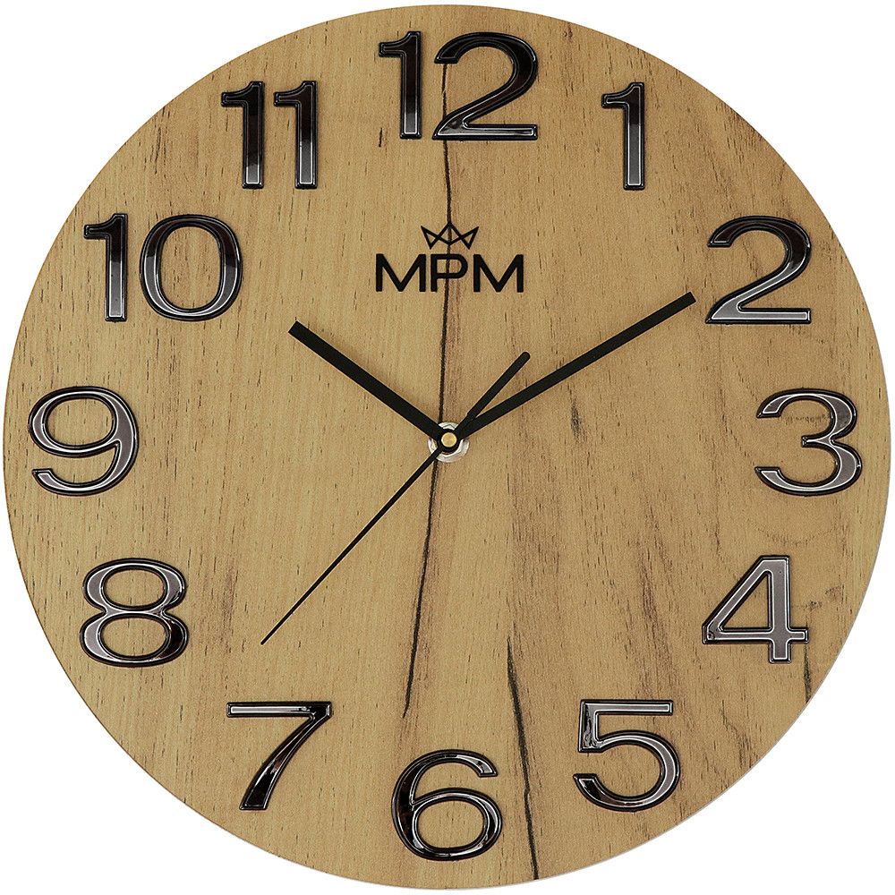 Nástěnné dřevěné hodiny MPM Timber Simplicity v přírodních nebo v elegantních barevných variantách. Výrazným prvkem jsou číslice v 3D provedení. Hodiny jsou vybaveny quartz strojkem s MPM Timber Simplicity - D