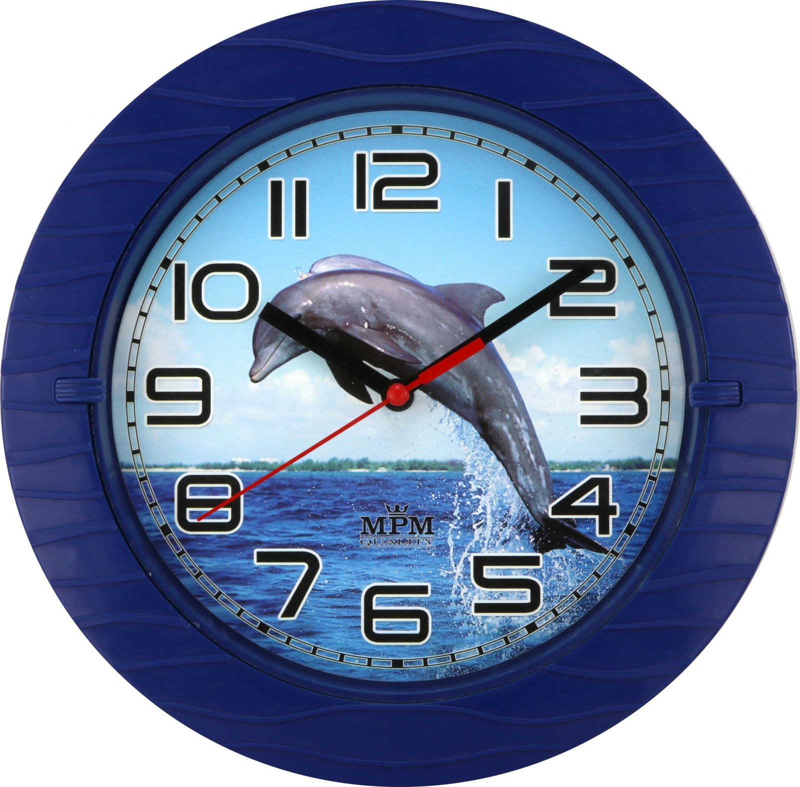 Nástěnné plastové hodiny s plynulým chodem a motivem delfína E01.3678 modrá plynulý chod SKLADEM E01.3678 modrá
