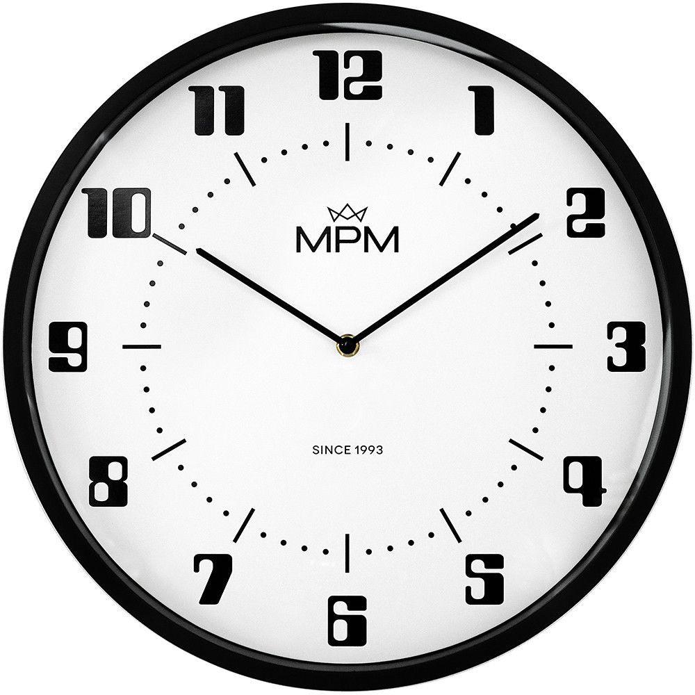 Nástěnné plastové hodiny MPM Retro Since 1993 ve velikosti ∅ 400 mm. S čitelným ciferníkem ve stylovém retro stylu. Hodiny jsou vybaveny strojkem Quartz s plynulým chodem E01.4206 MPM Retro Since 1993 - A