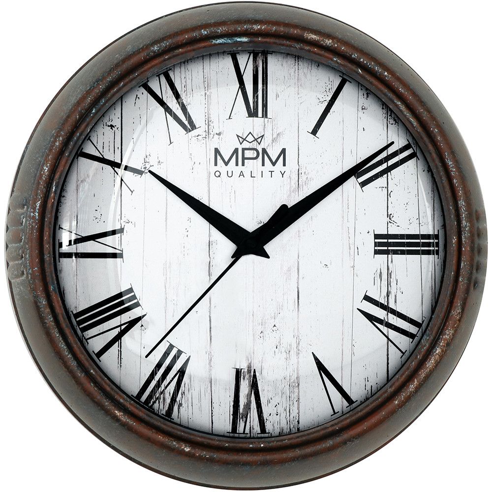 Nástěnné plastové hodiny MPM Rusty Metal evokující vzhled starých ošoupaných hodin s pouzdrem ve vzoru patiny zrezlého kovu. Nepřehlédnutelné hodiny s lehce vypouklým sklem, které potě MPM Rusty Metal