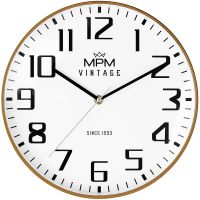 Nástěnné plastové hodiny MPM Vintage II Since 1993 s tenkým plastovým rámem v imitaci dřeva a s čitelným ciferníkem ve stylovém vintage stylu. Hodiny jsou vybaveny strojkem Quartz s plynul | MPM Vintage II Since 1993