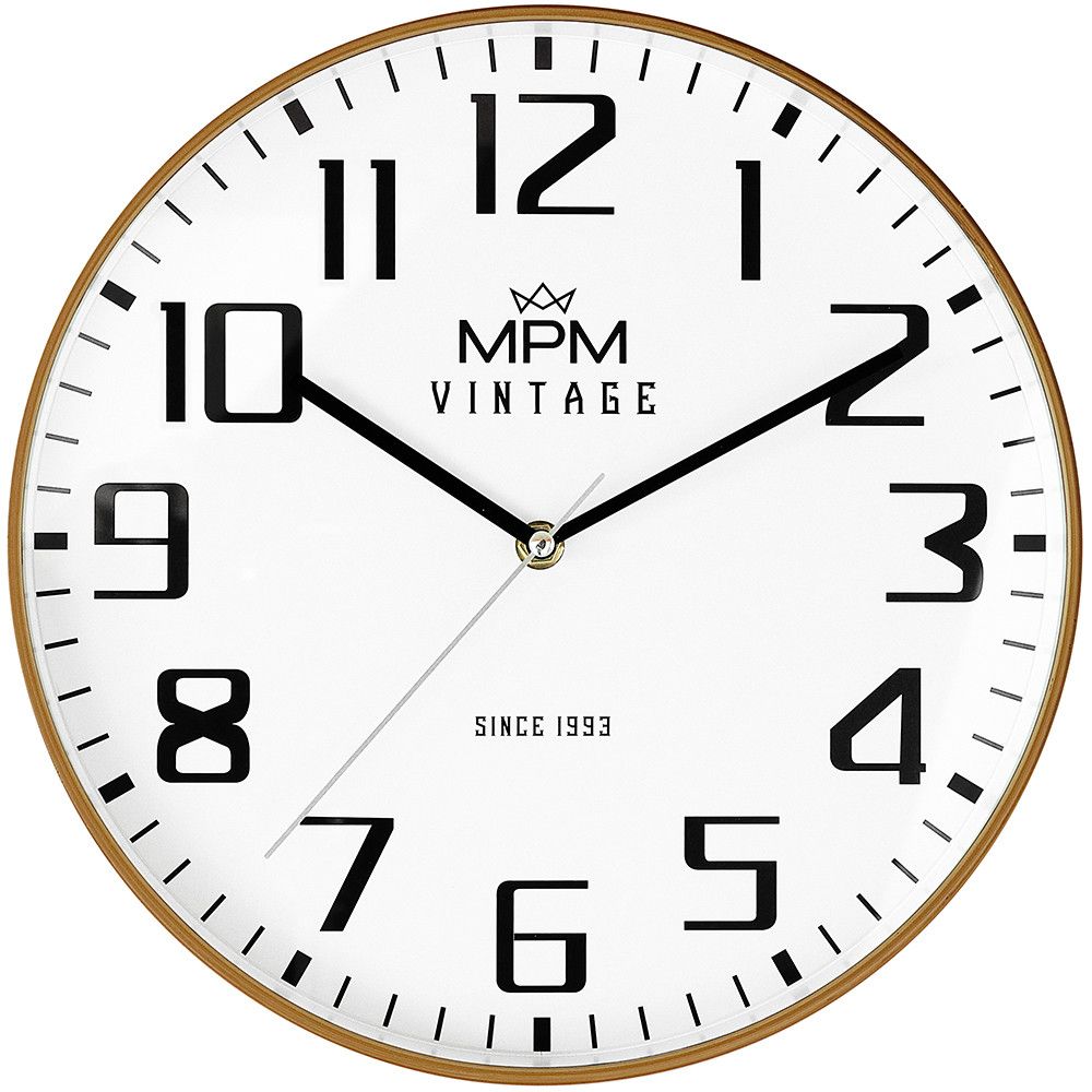 Nástěnné plastové hodiny MPM Vintage II Since 1993 s tenkým plastovým rámem v imitaci dřeva a s čitelným ciferníkem ve stylovém vintage stylu. Hodiny jsou vybaveny strojkem Quartz s plynul MPM Vintage II Since 1993