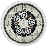 Plastové hodiny MPM Gears v retro stylu s motivem dřeva jsou originální především díky svému ozubenému soukolí, které se celé točí (video) E01.4057