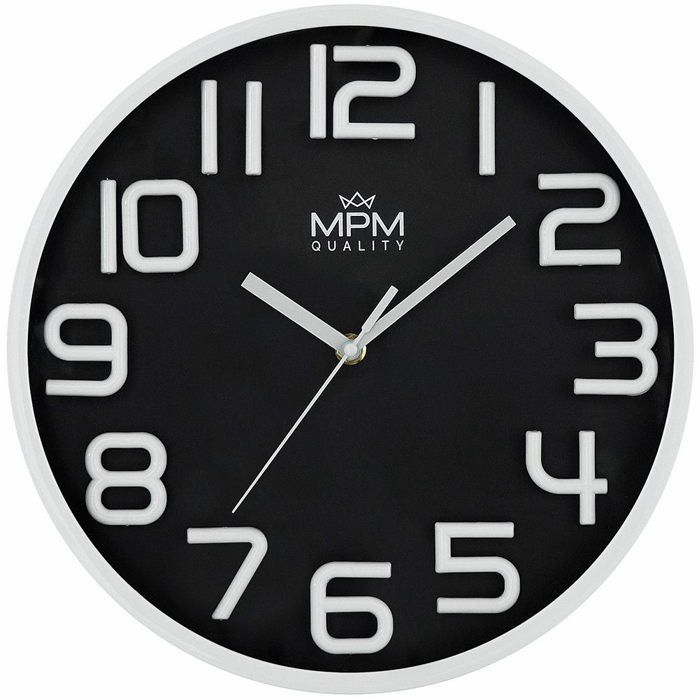 II. jakost - Nepatrné povrchové vady nebo zvlnění plastů zadní strany. Designové plastové nástěné hodiny MPM Neoteric moderního vzhledu s vystouplými 3D číslicemi a plynulým chodem E01 MPM Neoteric - A - II. jakost