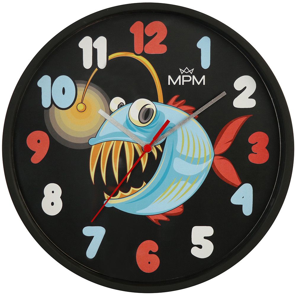 Pestrobarevné dětské nástěnné hodiny. Designováno a kompletováno v CZ. E01M.4269 MPM Ryba
