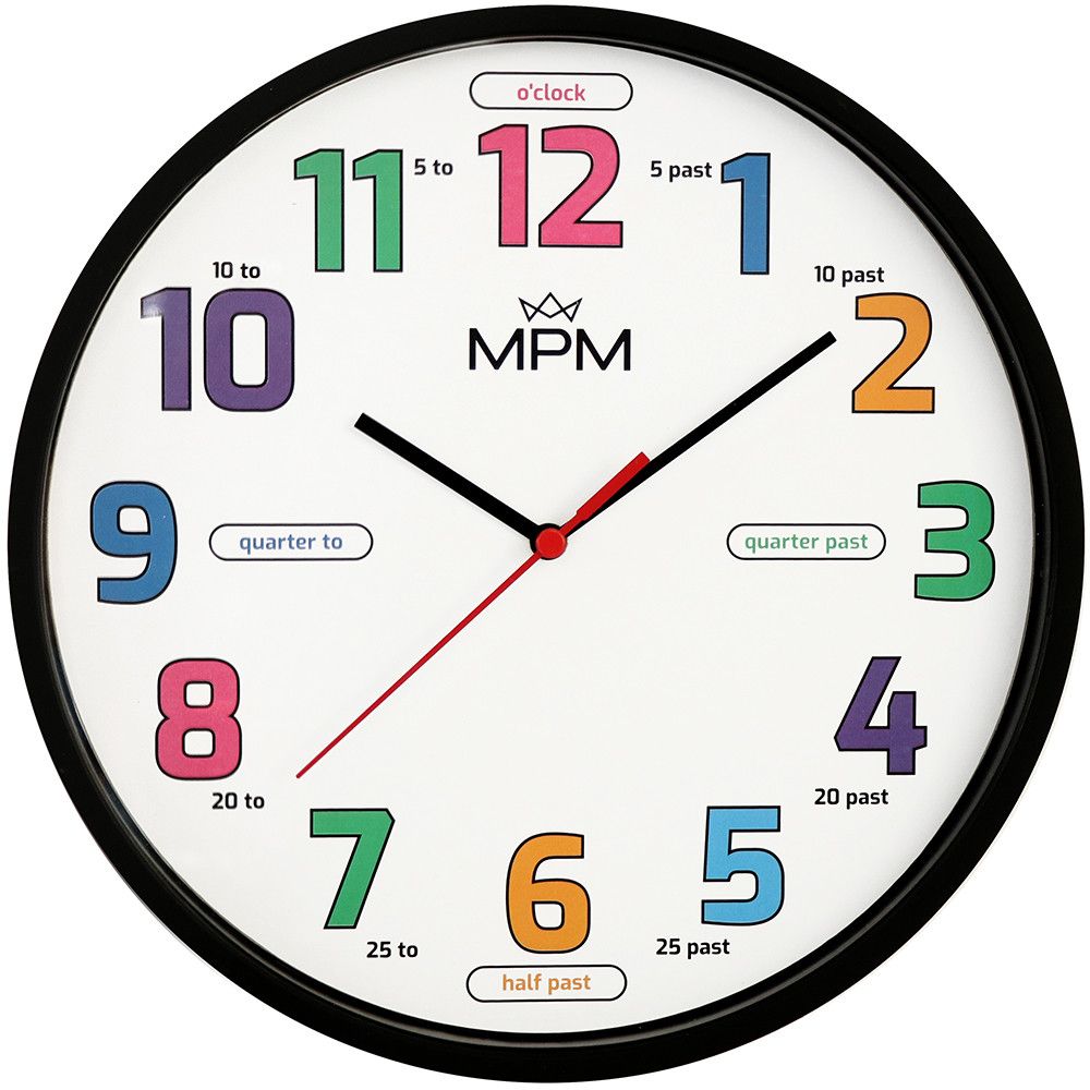 Pestrobarevné dětské nástěnné hodiny s anglickými popisky. Designováno a kompletováno v CZ. E01M.4271 MPM Areti