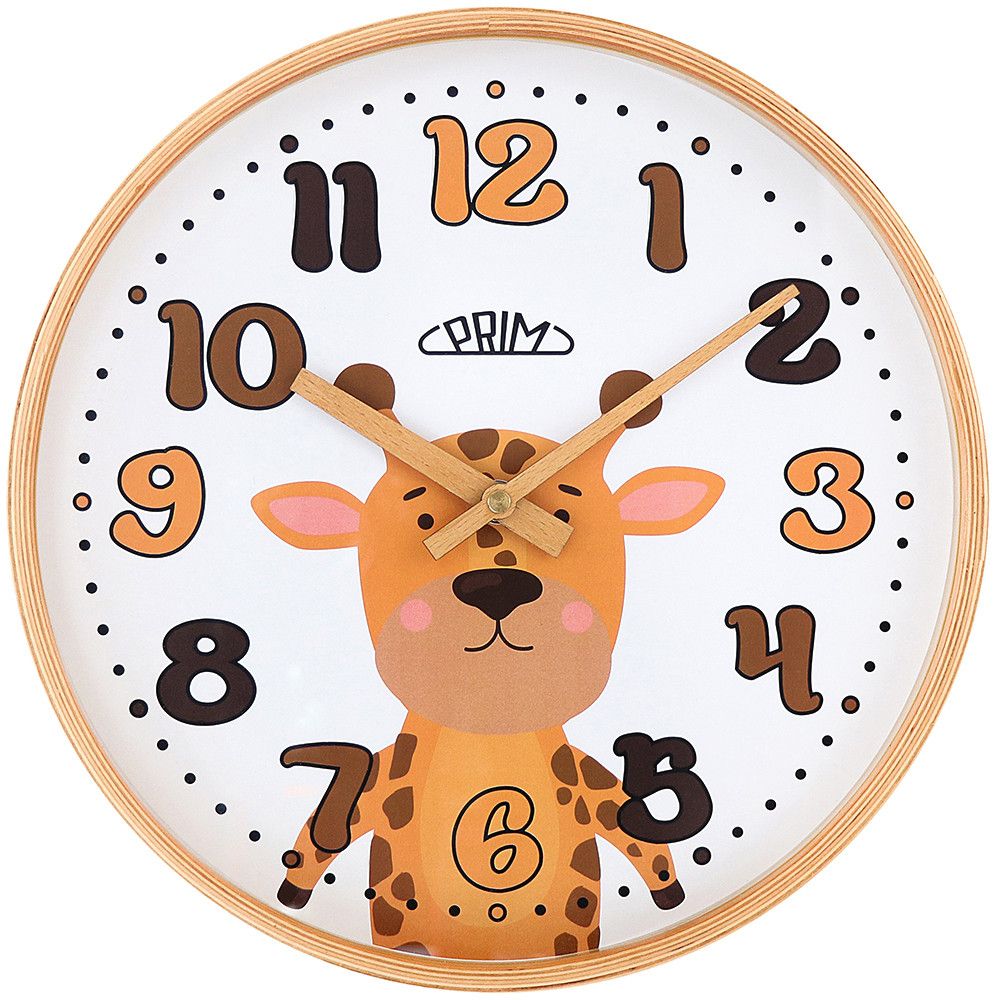 Nástěnné dětské hodiny PRIM Seti v dřevěnném provedení s motivem žirafy. Designováno a kompletováno v CZ. E07P.4262 PRIM Seti