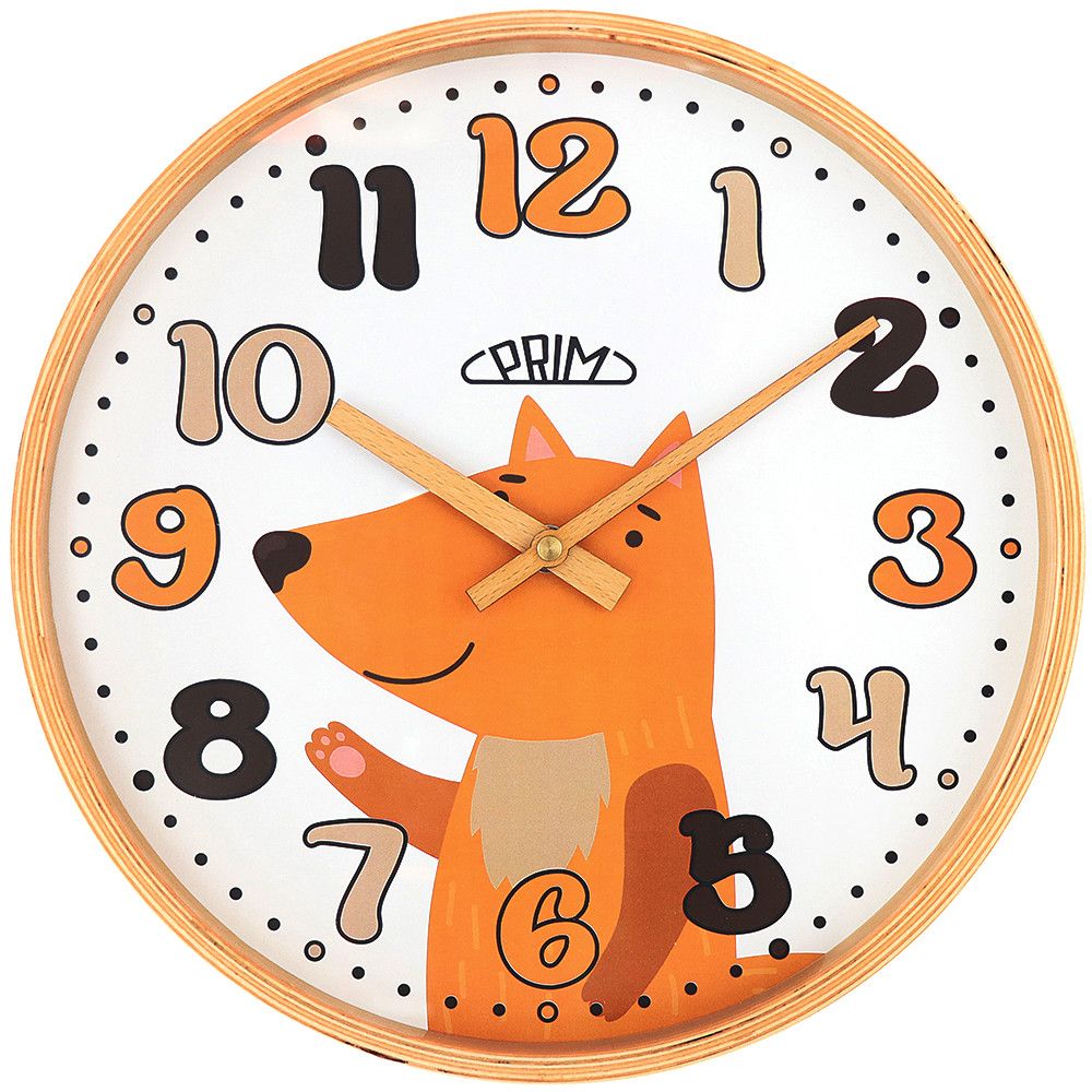 Nástěnné dětské hodiny PRIM Kaia ze dřeva s motivem lišky. Designováno a kompletováno v CZ. E07P.4263 PRIM Kaia