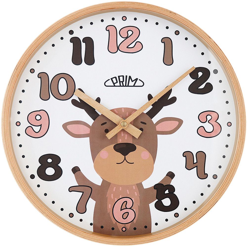 Trendy nástěnné dětské hodiny PRIM Kalay v dřevěném provedení s motivy zvířátek. Designováno a kompletováno v CZ. E07P.4261 PRIM Kalay