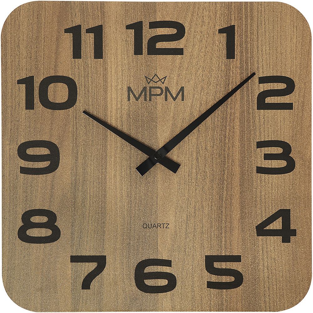 Klasické nástěnné dřevěné hodiny MPM Topg hranatého tvaru se zaoblenými hranami. Jsou vyrobeny z polotvrdé dřevovláknité desky (MDF), tloušťka desky 2 mm. Designováno a kompletováno v E07M.4260.0090