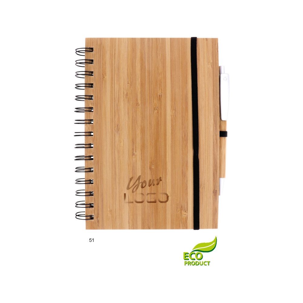 Blok A5 z přírodního bambusu se spirálou v deskách s bambusovým kuličkovým perem, papír 70 g, 70 listů, eco friendly G01.4016 Woodao, A5