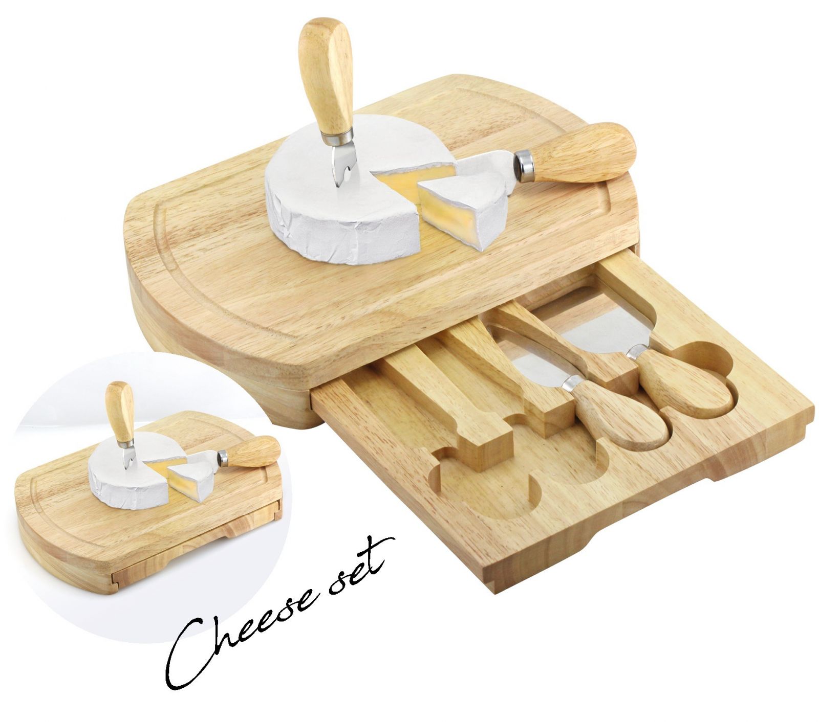 Kompletní sada na servírování sýrů MPM Cheese Set v dřevěné krabičce o rozměrech 249 x 163 x 38 mm. Sada obsahuje dva typy nožů, škrabku a vidličku, vše z nerezové oceli a dřeva Q04.