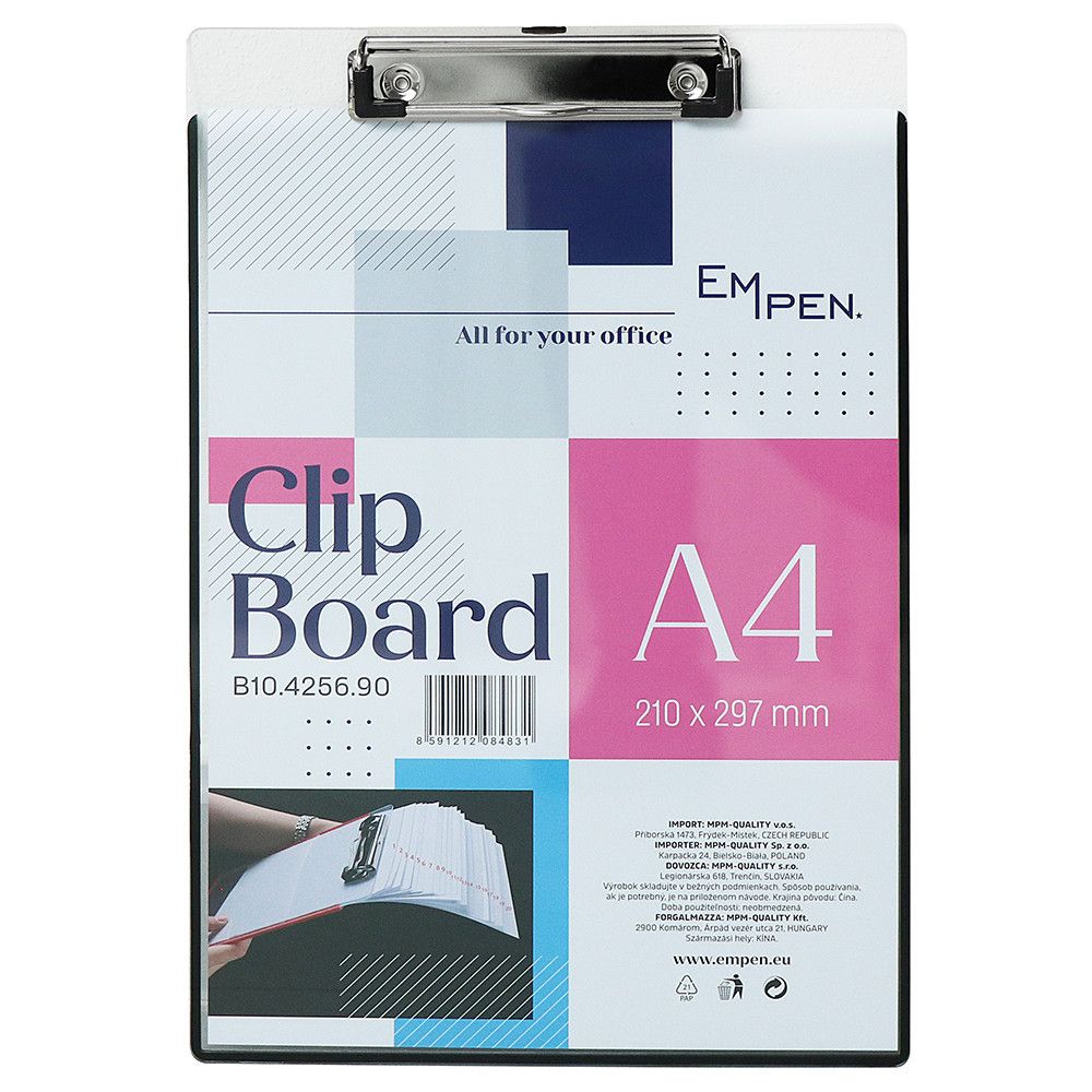Velmi kvalitní plastová podložka EMPEN ClipBoard s kovovým klipem a zásobníkem až na 20 listů formátu A4 B10.4256 Clipboard, A4