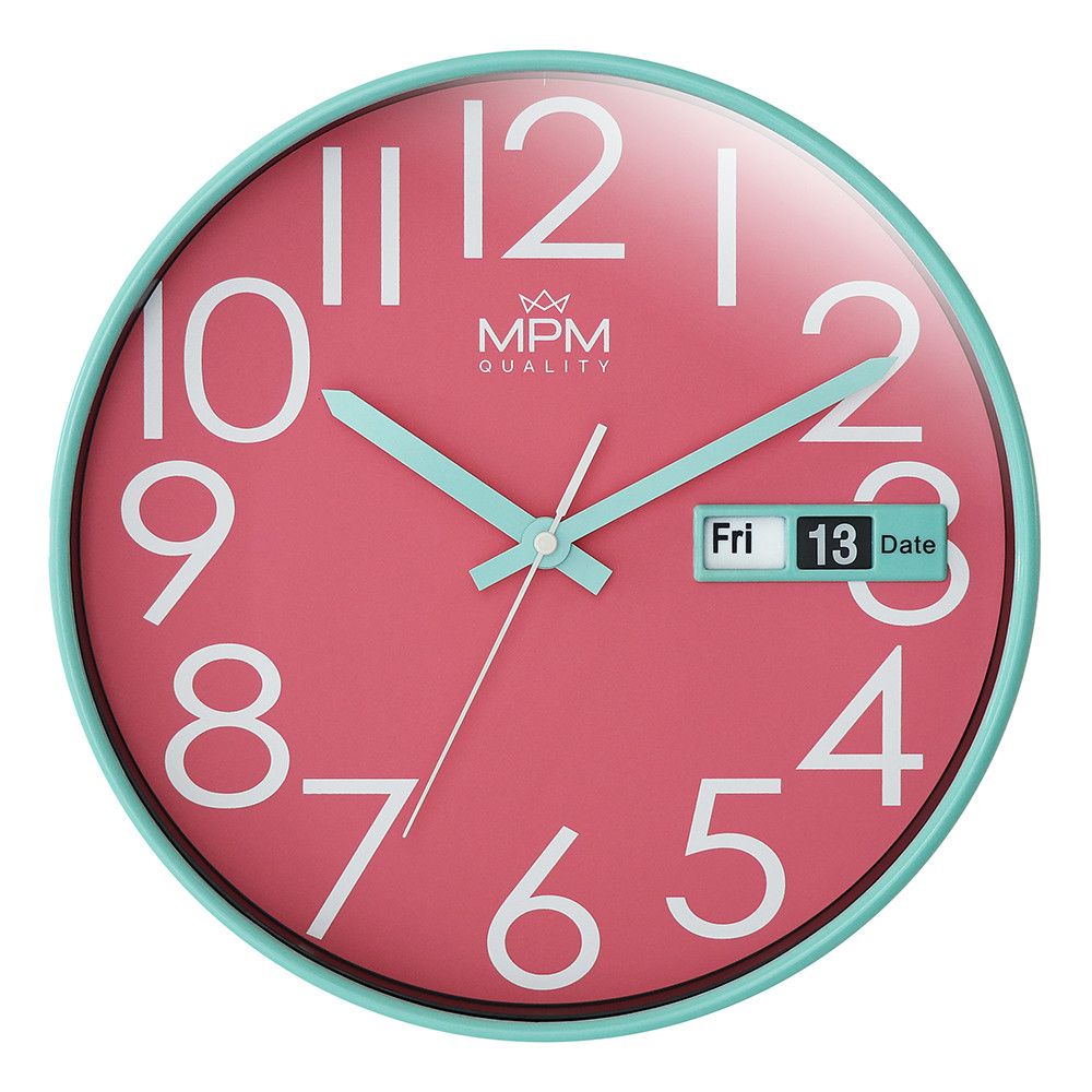 Nástěnné hodiny MPM Date Style v elegantním provedení s velkými arabskými číslicemi a malým okénkem pro zobrazení data a dne v týdnu v angličtině. Plastová konstrukce hodin, společně E01.4301.4323