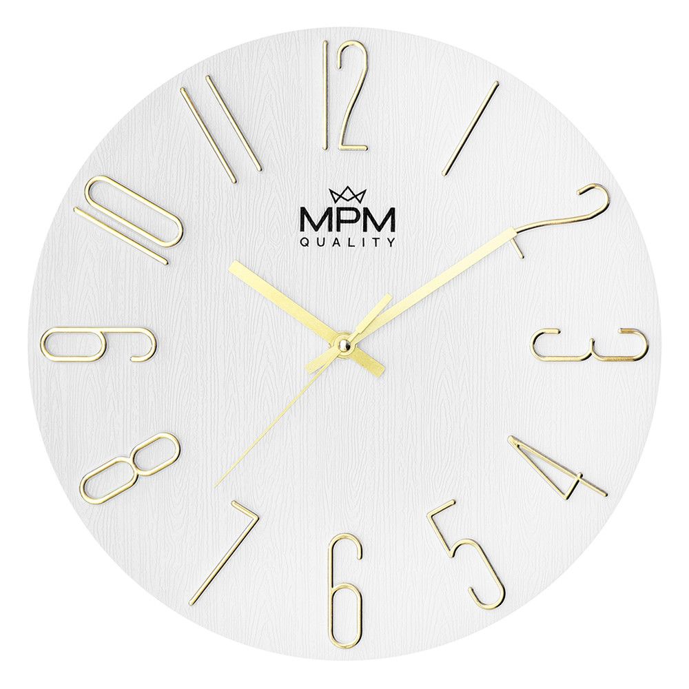 Plastové nástěnné hodiny MPM Primera se vzorem letokruhů v různých barevných odstínech. Ručičky a vystouplé arabské číslice jsou pozlacené a umístěné kolmo ke středu číselníku. MPM Primera - B