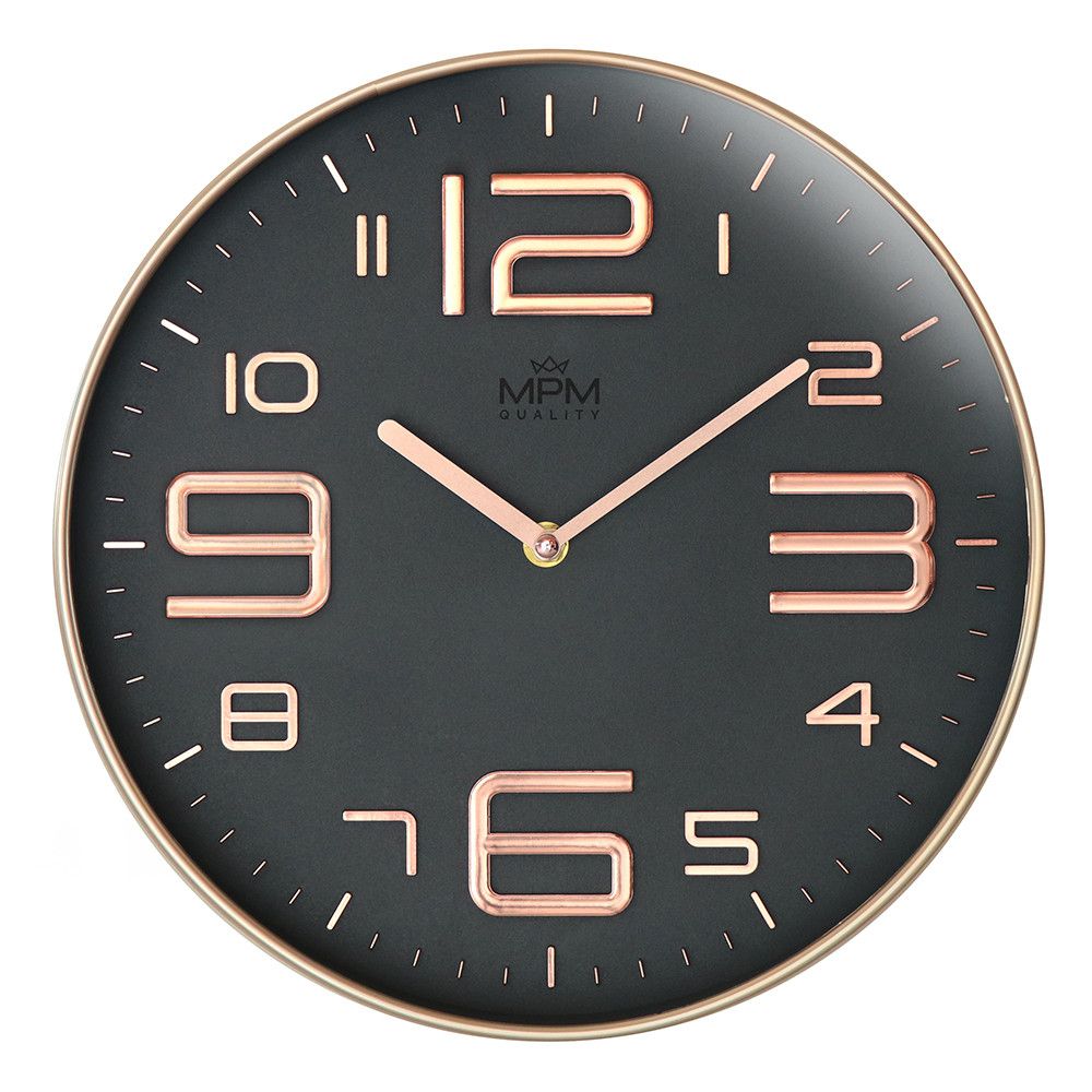Designové plastové hodiny MPM Eterno v nadčasovém stylu s vystouplými kovovými číslicemi a indexy. Barevná kombinace růžově zlacených komponent na tmavém číselníku a jejich detailní MPM Eterno