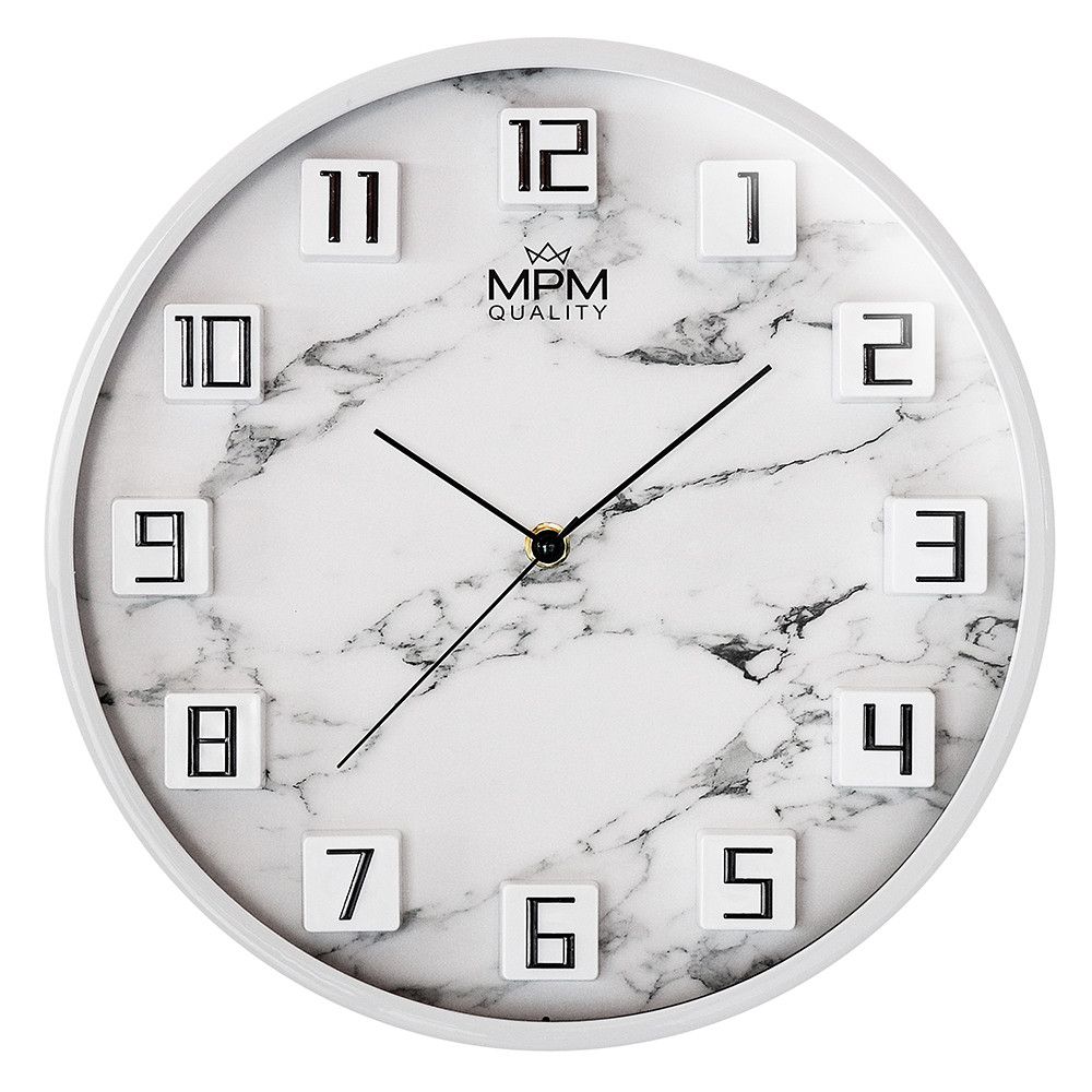 Nástěnné plastové hodiny MPM Damali v elegantním provedení. Upoutají nejen svým kostkovým designem s vystouplými číslicemi, ale také číselníkem s mramorovým vzorem. U těchto hodin by MPM Damali