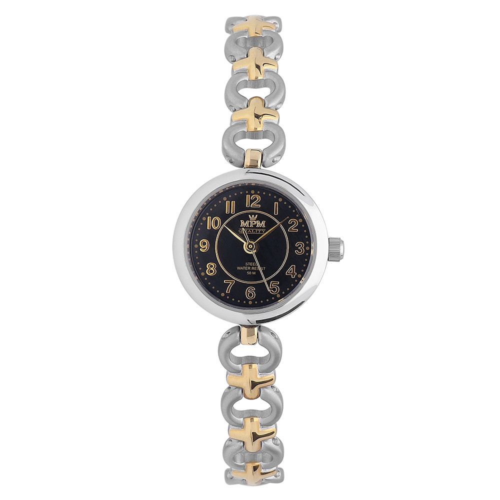 Okouzlující dámské hodinky MPM Sun vyrobené z ušlechtilé nerezové oceli s částečně pozlaceným nerezovým řemínkem. Tmavý číselník na hodinkách dává vyniknout vystupujícím pozla MPM Sun - A