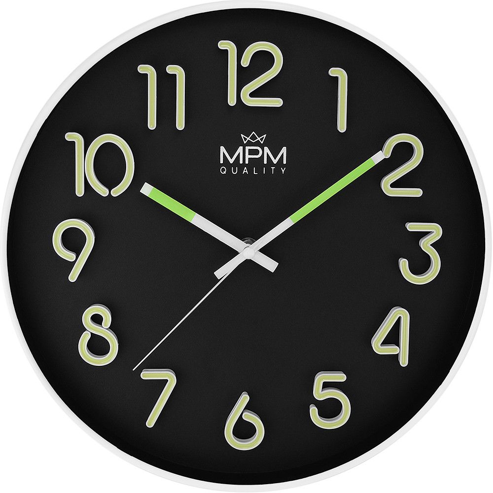 Plastové nástěnné hodiny MPM Tammy zaujmou nejen svým čistým minimalistickým vzhledem. Ohromí také moderními vystouplými luminiscenčními číslicemi. Ručičky jsou před případným po E01.4373.0090