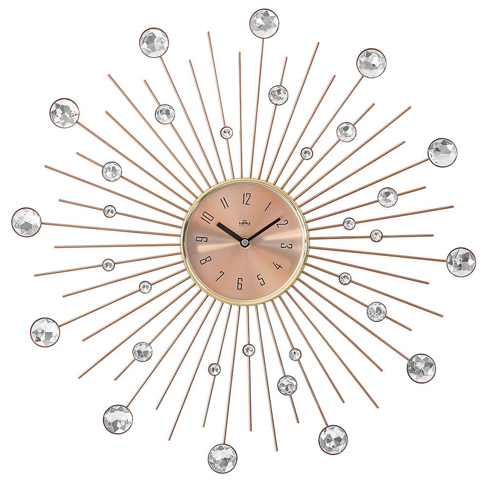 Nástěnné kovové hodiny hvězdicového vzhledu se zlatým ciferníkem a designovými prvky připomínající drahé kameny E04.4284 MPM Sunito
