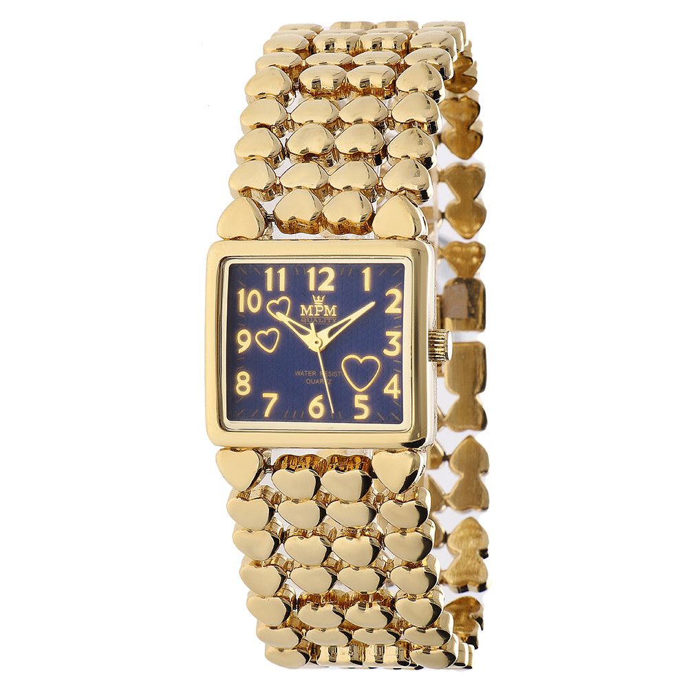 Dámské hodinky ze zlaté slitiny, řemínek skládaný ze srdíček a ciferník potisknutý zlatými srdíčky W02M.10577 W02M.10577.C